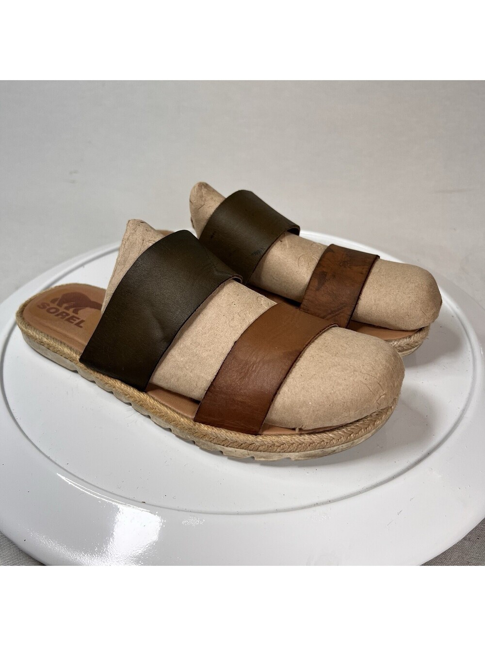 Sorel Women's Beige Leather Double Strap Slide Sandals Slip On Rubber Size 8.5